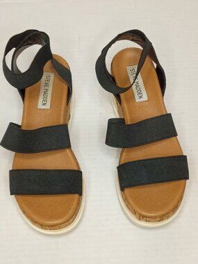 Steve Madden Bandi Black Elastic Cork Platform Wedge Sandals Women's Size 6M
